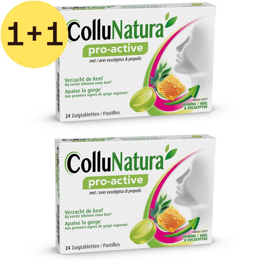 Deux boîtes de ColluNatura pro-active Pastilles. Inscription : Eucalyptus & Propolis. 1+1 gratuit. 24 pastilles par boîte.