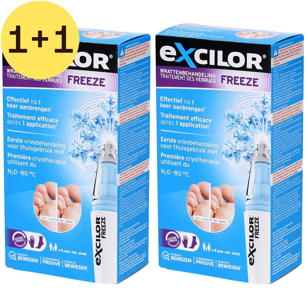 Deux boîtes Excilor Freeze. Emballage bleu avec image et texte du produit. Symbole jaune 1+1 gratuit.