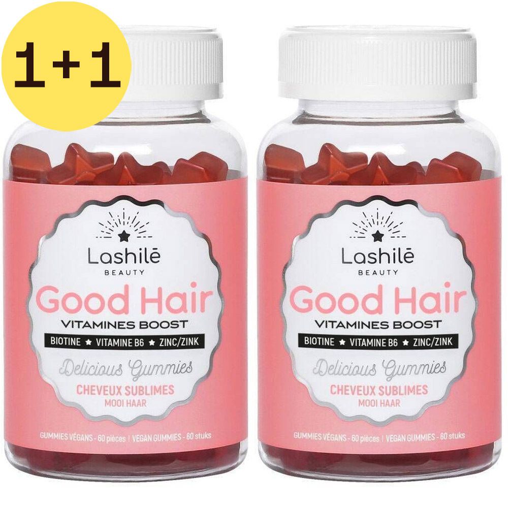 Twee flessen LASHILE Beauty Good Hair Gummies met 1+1 aanbieding. Transparante flessen met rode gummies. Etiket.
