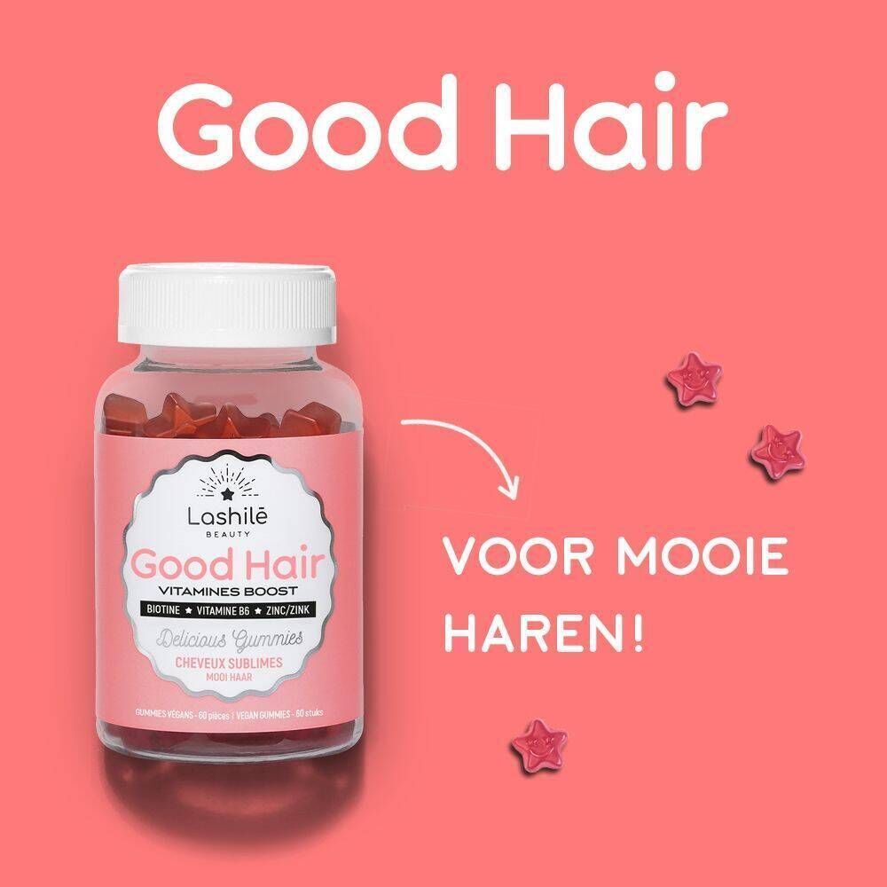 Een fles gummies. Opschrift: Good Hair, Vitamines Boost. Bevat biotine, vitamine B6, zink. Roze achtergrond met ster gummies.