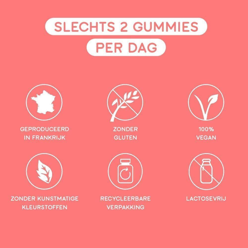 Een fles gummies. Opschrift: Good Hair, Vitamines Boost. Rode achtergrond. Tekst: Voor mooier haar!