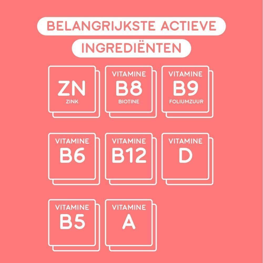 Een fles gummies. Opschrift: Good Hair, Vitamines Boost. Tekst: Voor mooier en volumineuzer haar!