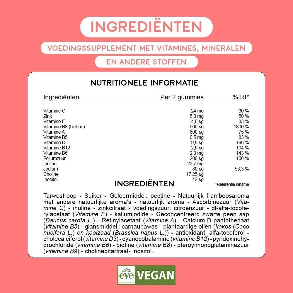 Afbeelding met vitaminen. Tekst: Belangrijkste actieve ingrediënten. Zink, Biotine, Vitamine B9, B6, B12, D, B5, A.