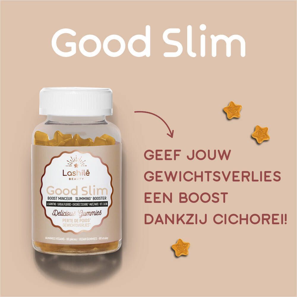 Twee flessen Lashile Beauty Good Slim gummies. Transparante flessen met witte doppen. Opschrift: Good Slim, Delicious Gummies.