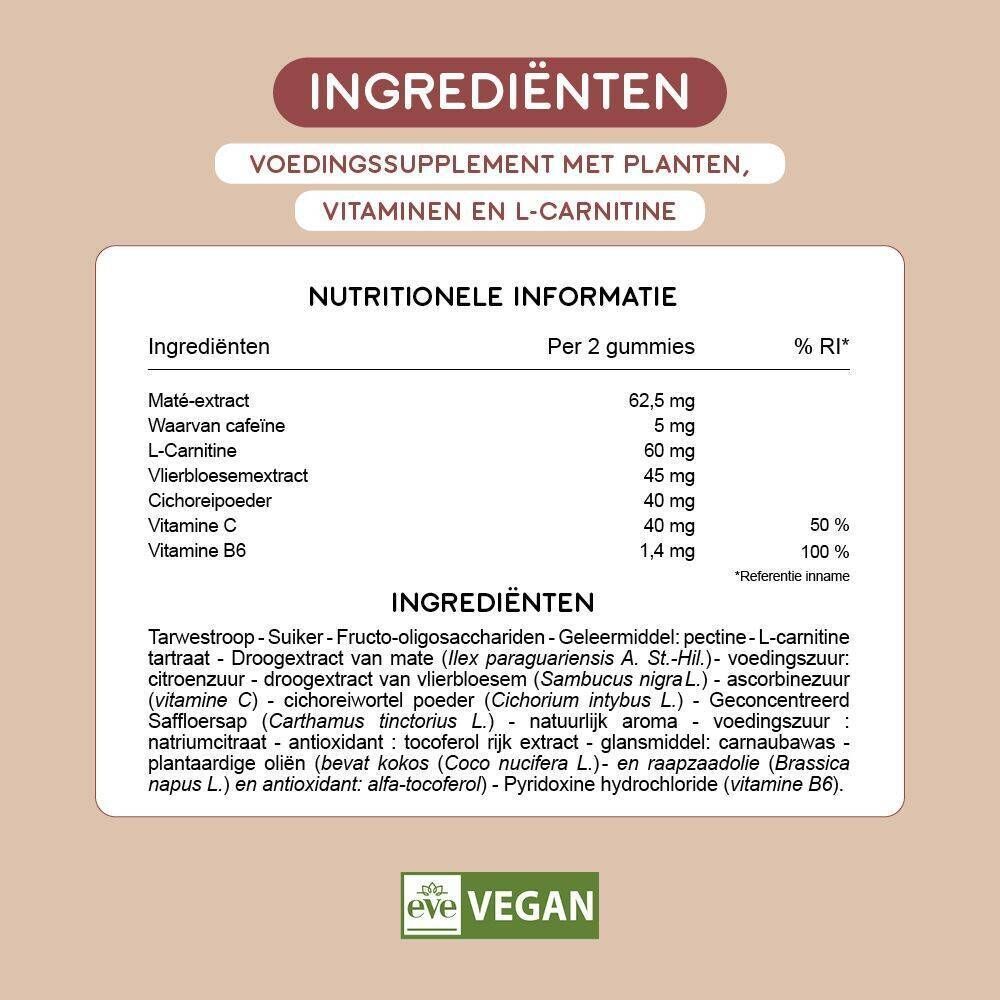 Afbeelding met ingrediënten: Vitamine B9, B6, C, Cichorei, Vlierbloesem, Maté.
