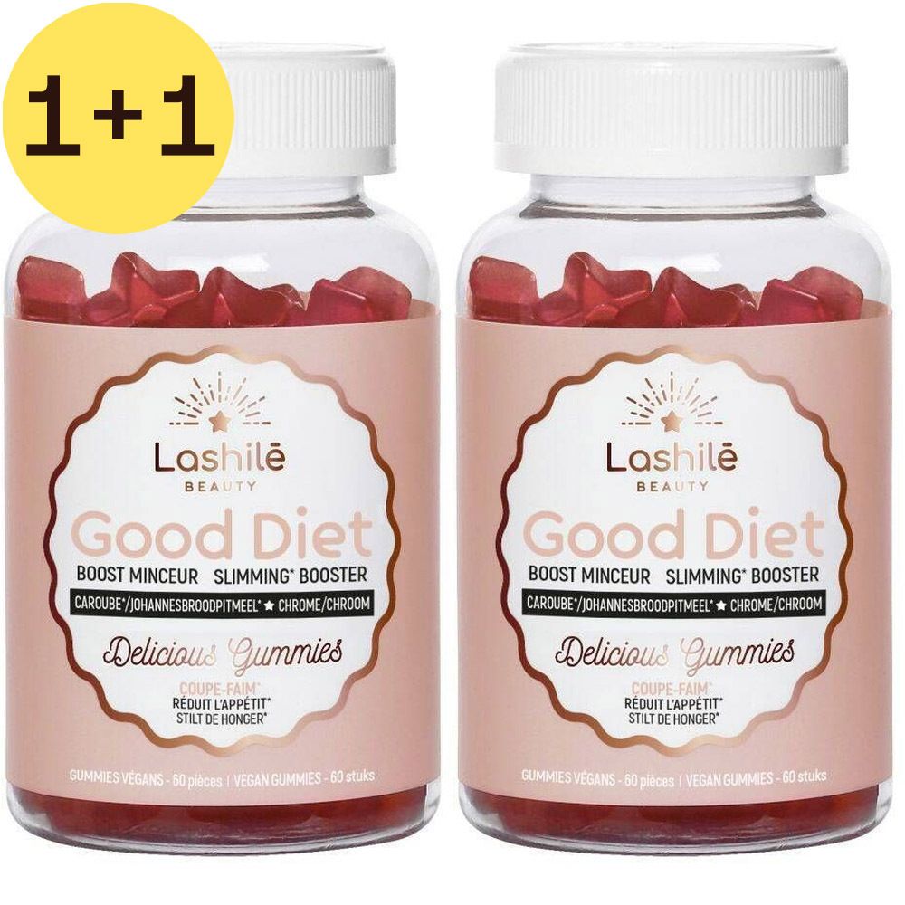 Twee flessen met rode gummies. Opschrift: Lashilé Beauty Good Diet, Boost Minceur, Slimming Booster. Gele sticker: 1+1.