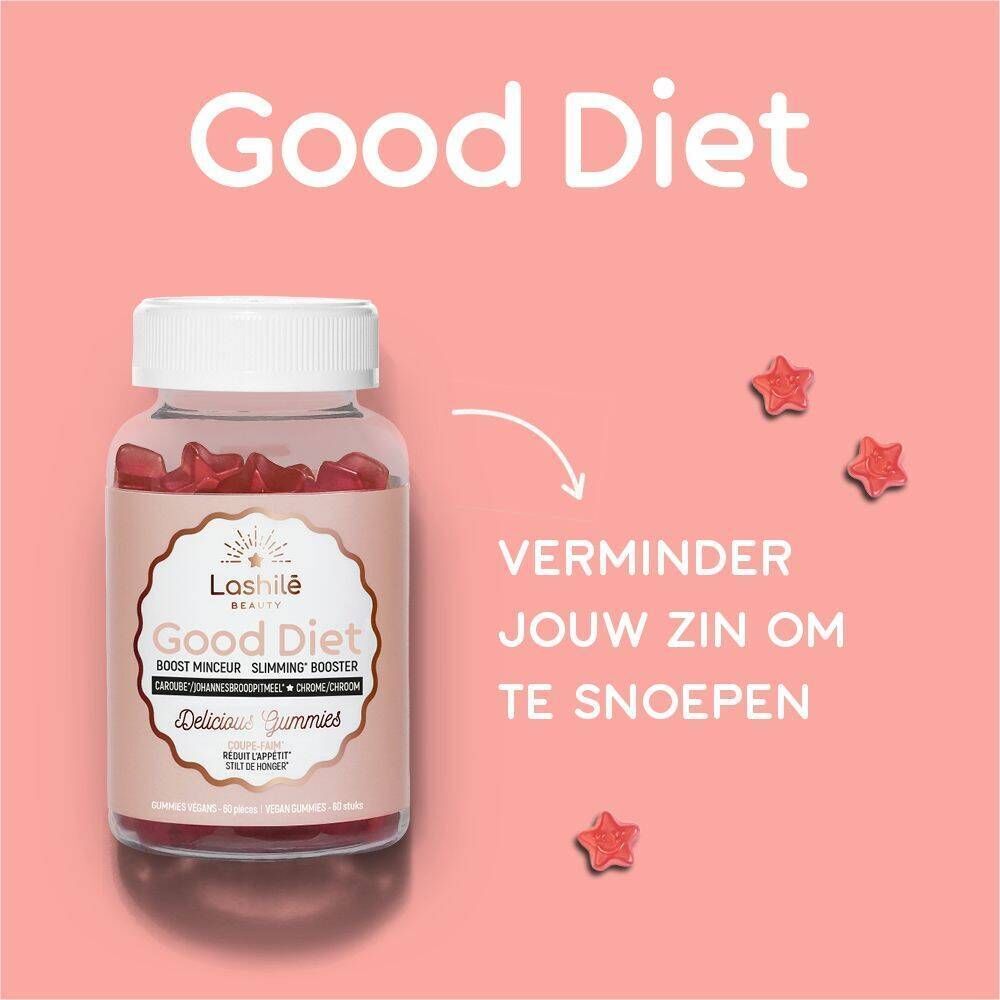Twee flessen gummies. Opschrift: Good Diet, Delicious Gummies. Witte doppen, roze etiketten.