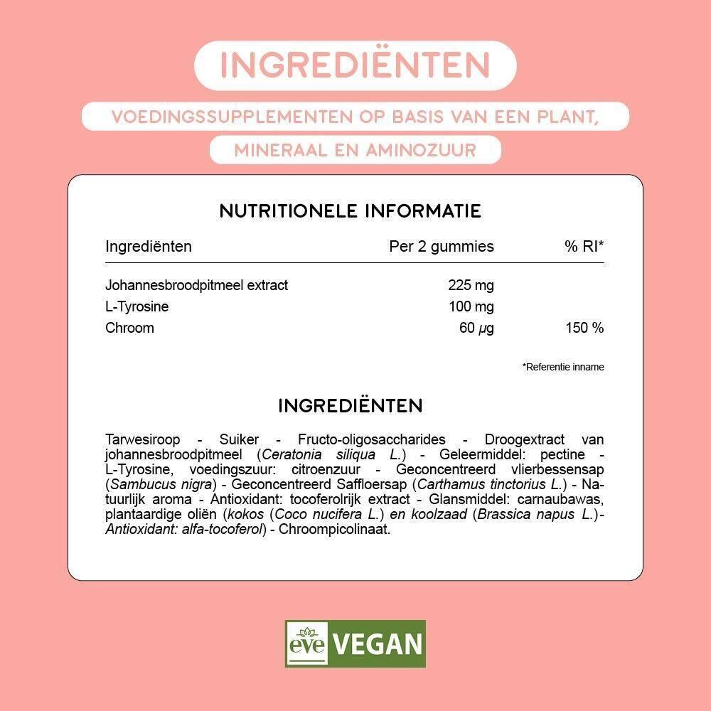 Roze achtergrond met symbolen. Tekst: Caroube, Chrome, L-Tyrosine.