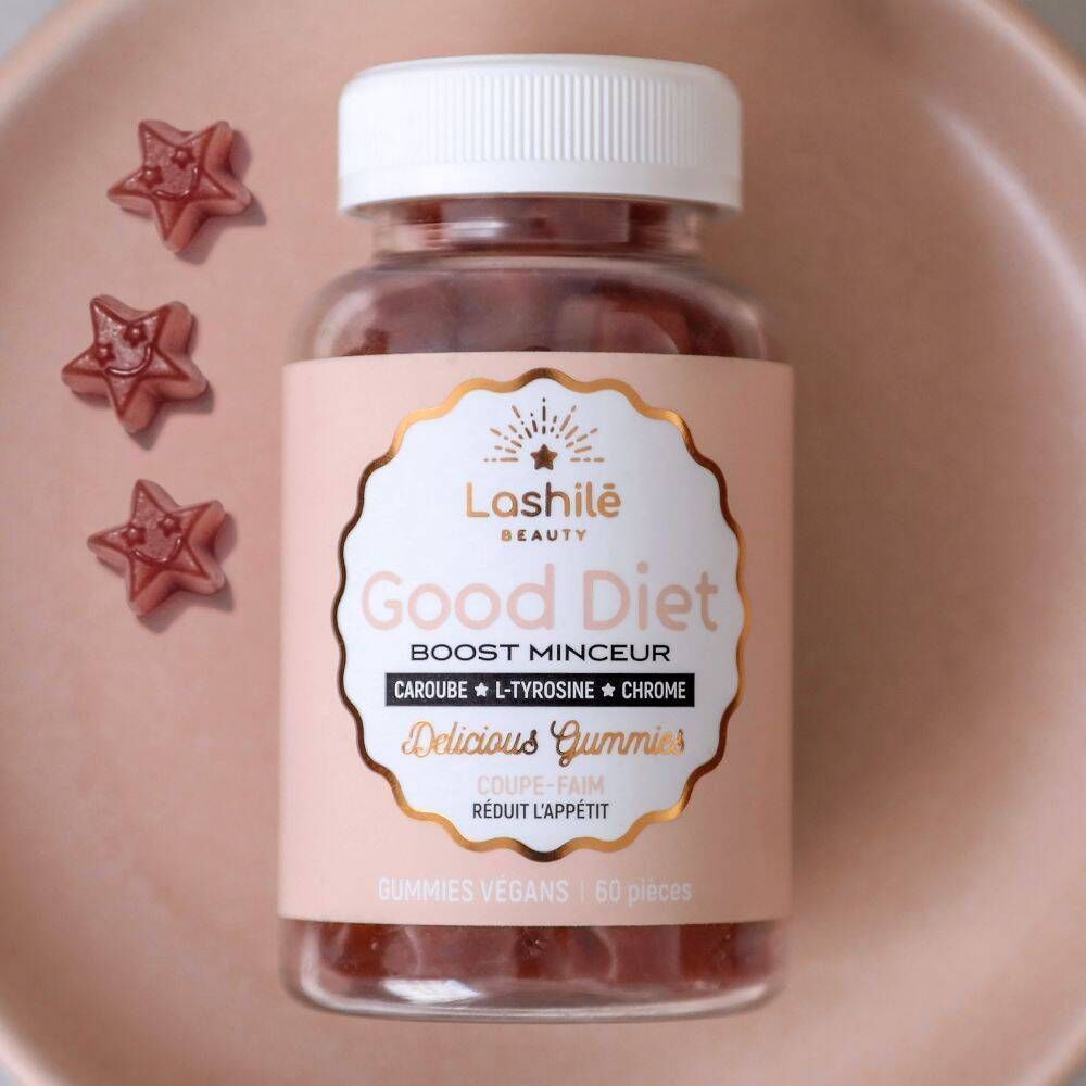 Roze achtergrond met tekst en ingrediënten. Tekst: Extrait de caroube, L-Tyrosine, Chrome.