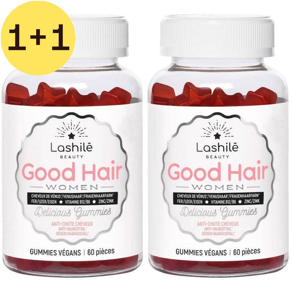 Deux flacons de gummies rouges. Inscription: Good Hair Women, 1+1 gratuit. Végétalien, 60 pièces.