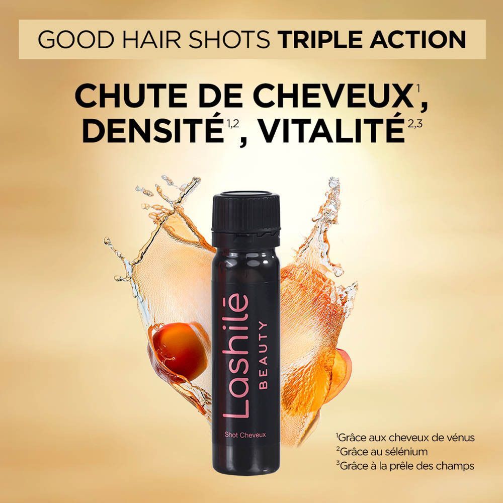 Deux boîtes roses avec des shots noirs. Inscription: Good Hair Shots. Contient 10 shots. Marque: Lashilé Beauty. Cercle jaune 1+1.