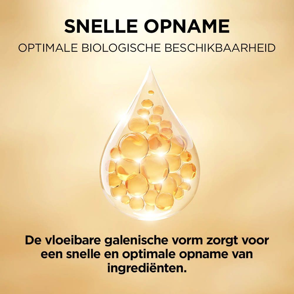 Druppelvormige weergave. Tekst: Snelle opname. Optimale biologische beschikbaarheid. Gele vloeistof.