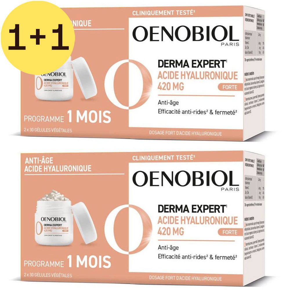 Deux boîtes Oenobiol Derma Expert Acide Hyaluronique. Inscription : 1+1 GRATUIT. Contient des gélules. Boîte et flacon.