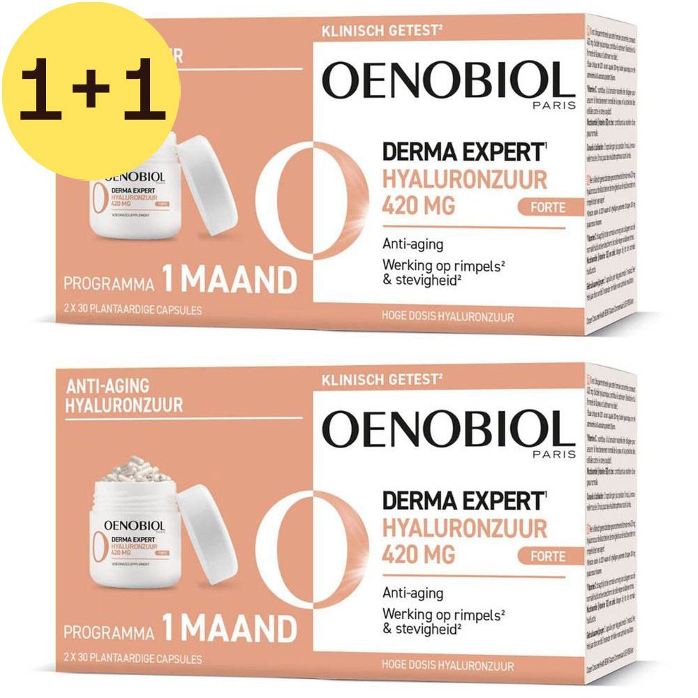 Twee dozen Oenobiol Derma Expert Hyaluronzuur. Opschrift: 1+1 GRATIS. Bevat capsules. Doos en fles.