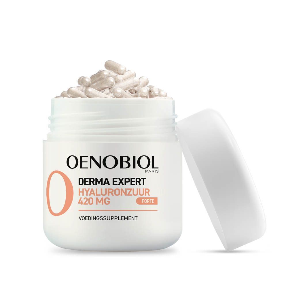 Twee verpakkingen Oenobiol Derma Expert Hyaluronzuur. Opschrift: Anti-aging, 420 mg, Programma 1 maand. Afbeelding capsules.