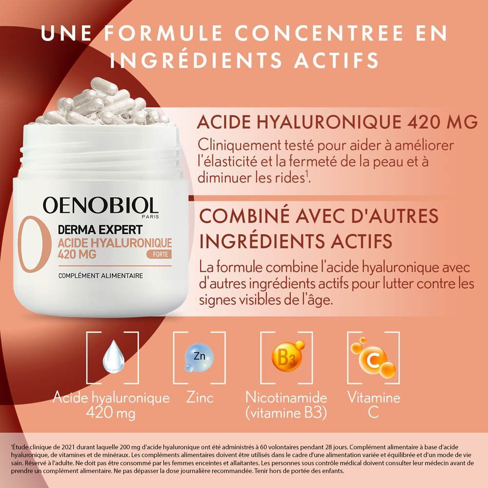 Oenobiol Derma Expert Acide Hyaluronique dans un pot blanc. Couvercle à côté. Gélules visibles.