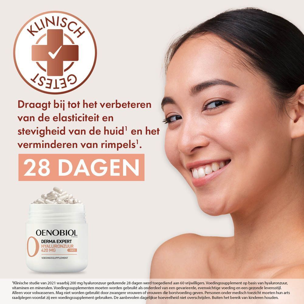 Reclame met een vrouw en Oenobiol Derma Expert. Tekst: Rol van hyaluronzuur, droge huid, rimpels.