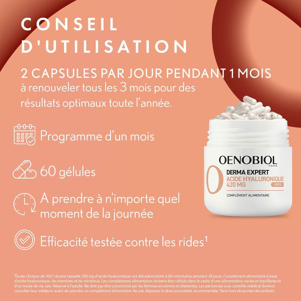 Publicité avec Oenobiol Derma Expert. Texte : 2 gélules par jour, 1 mois, 60 gélules, à prendre à tout moment.