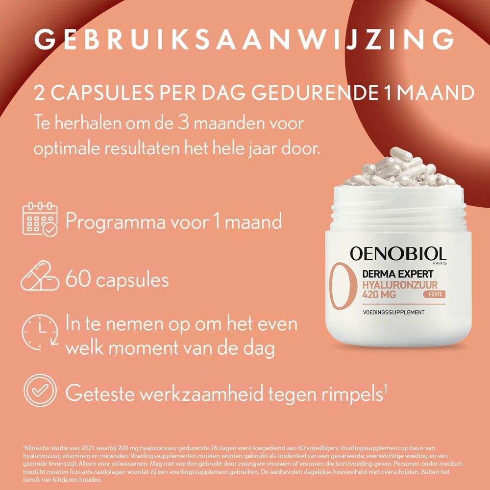 Reclame met voedingsinformatie Oenobiol Derma Expert. Tekst: Hyaluronzuur, vitamine C, zink, vitamine B3.