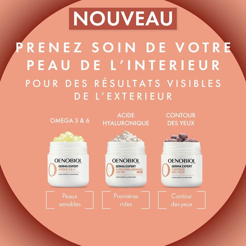 Publicité avec Oenobiol Derma Expert. Texte : Oméga 3&6, acide hyaluronique, contour des yeux. 3 pots.