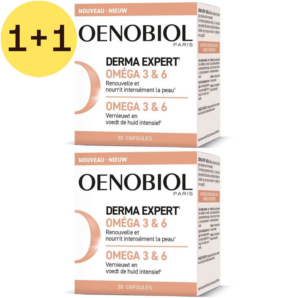 Deux boîtes Oenobiol Derma Expert Oméga 3 & 6. Inscription : Oméga 3 & 6, 30 capsules. Cercle jaune avec 1+1.