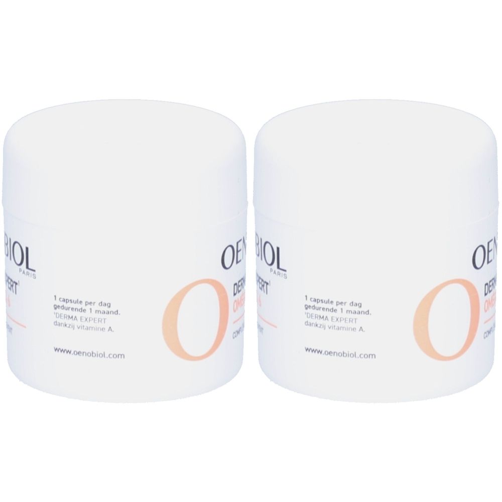 Twee witte, cilindrische potten met deksels. Opschrift: Oenobiol Derma Expert. Tekst: 1 capsule per dag.