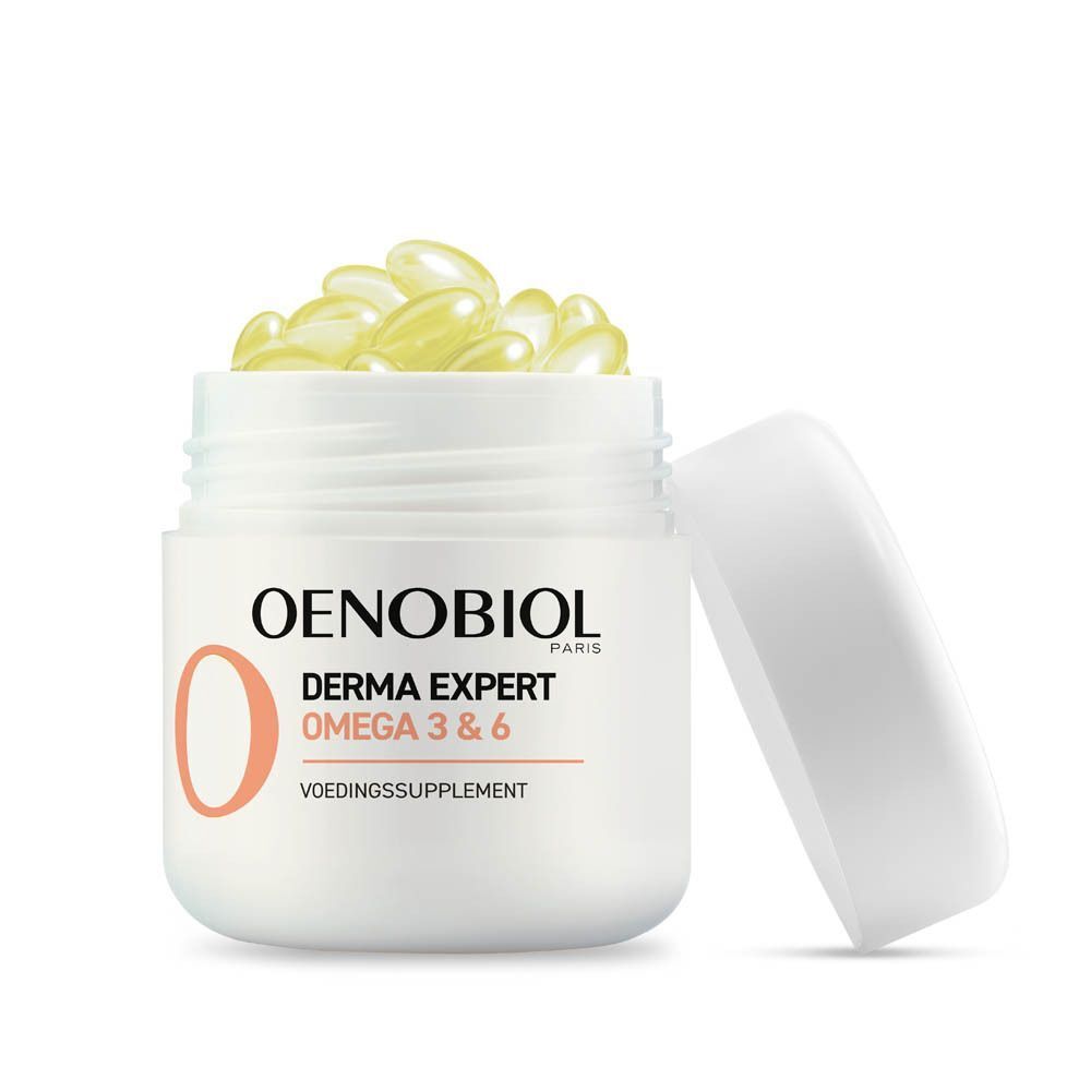 Witte pot met open deksel. Oenobiol Derma Expert Oméga 3 & 6. Capsules zichtbaar.