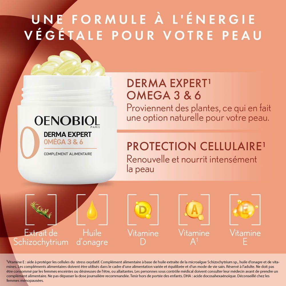Visuel publicitaire avec Oenobiol Derma Expert Oméga 3 & 6. Produit et texte sur fond orange.