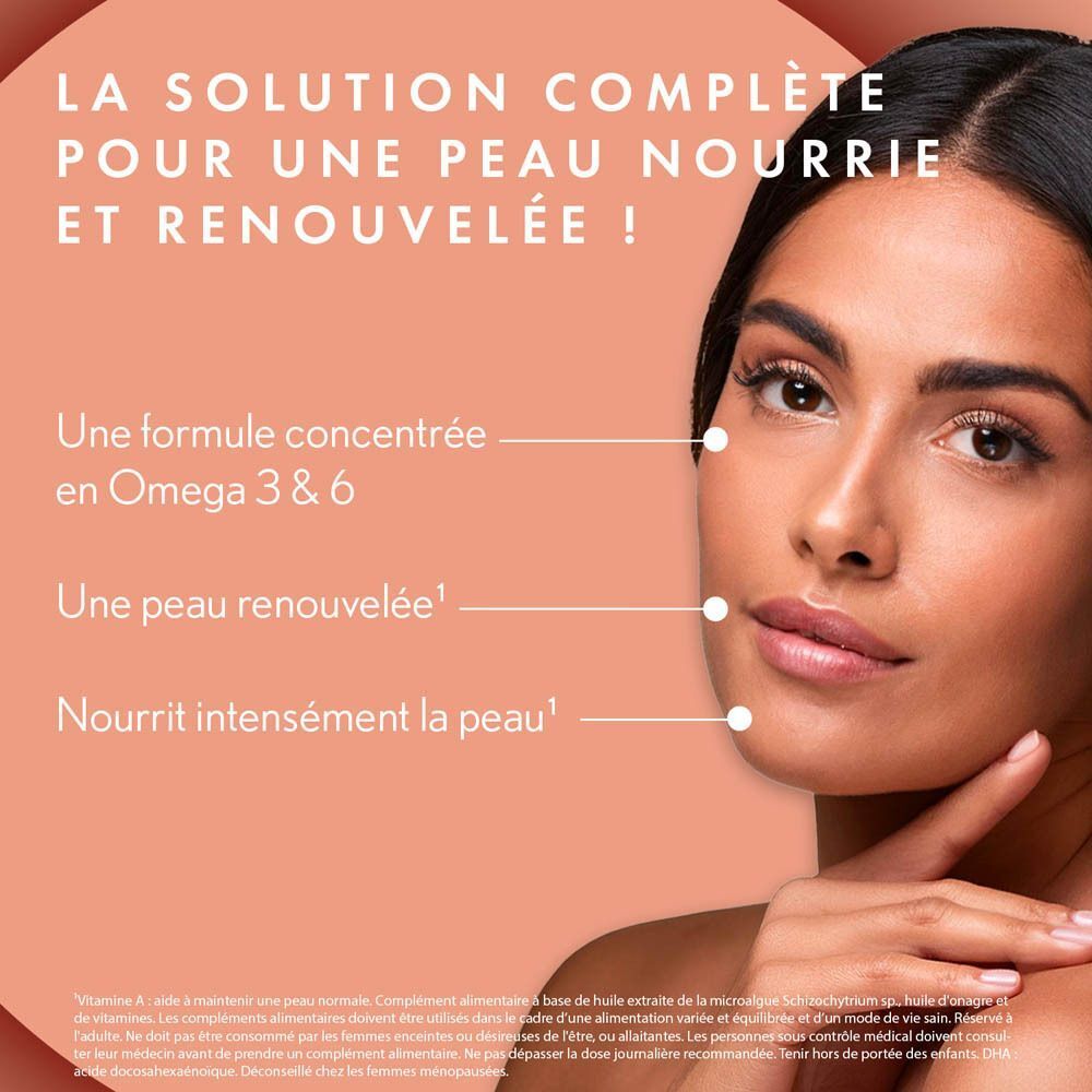 Femme avec peau. Oenobiol Derma Expert Oméga 3 & 6. Texte sur fond orange.