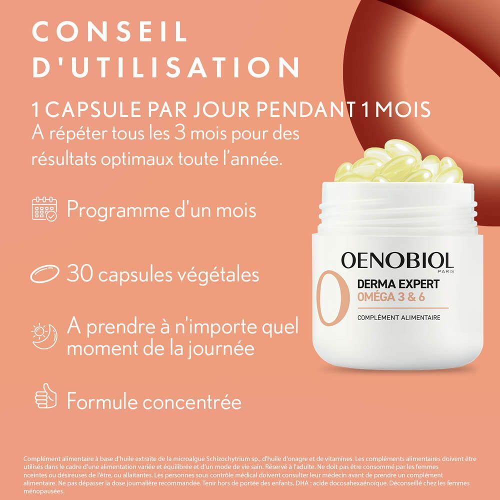 Conseils d'utilisation. Oenobiol Derma Expert Oméga 3 & 6. 30 capsules. Texte sur fond orange.