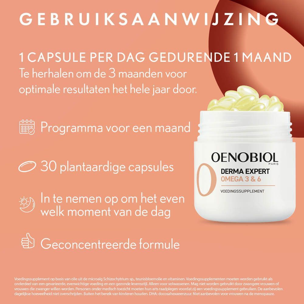 Gebruiksaanwijzing. Oenobiol Derma Expert Oméga 3 & 6. 30 capsules. Tekst op oranje achtergrond.
