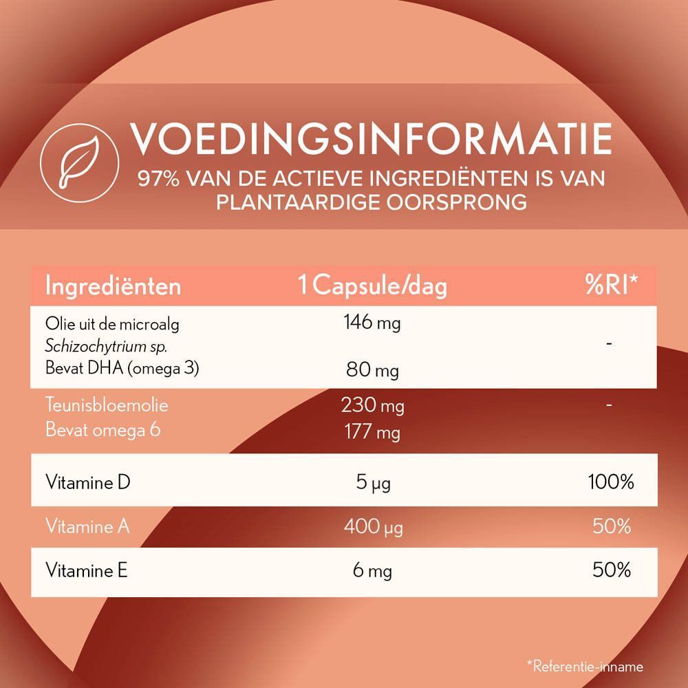 Voedingsinformatie. Oenobiol Derma Expert Oméga 3 & 6. Ingrediënten en %RI. Oranje tekst.