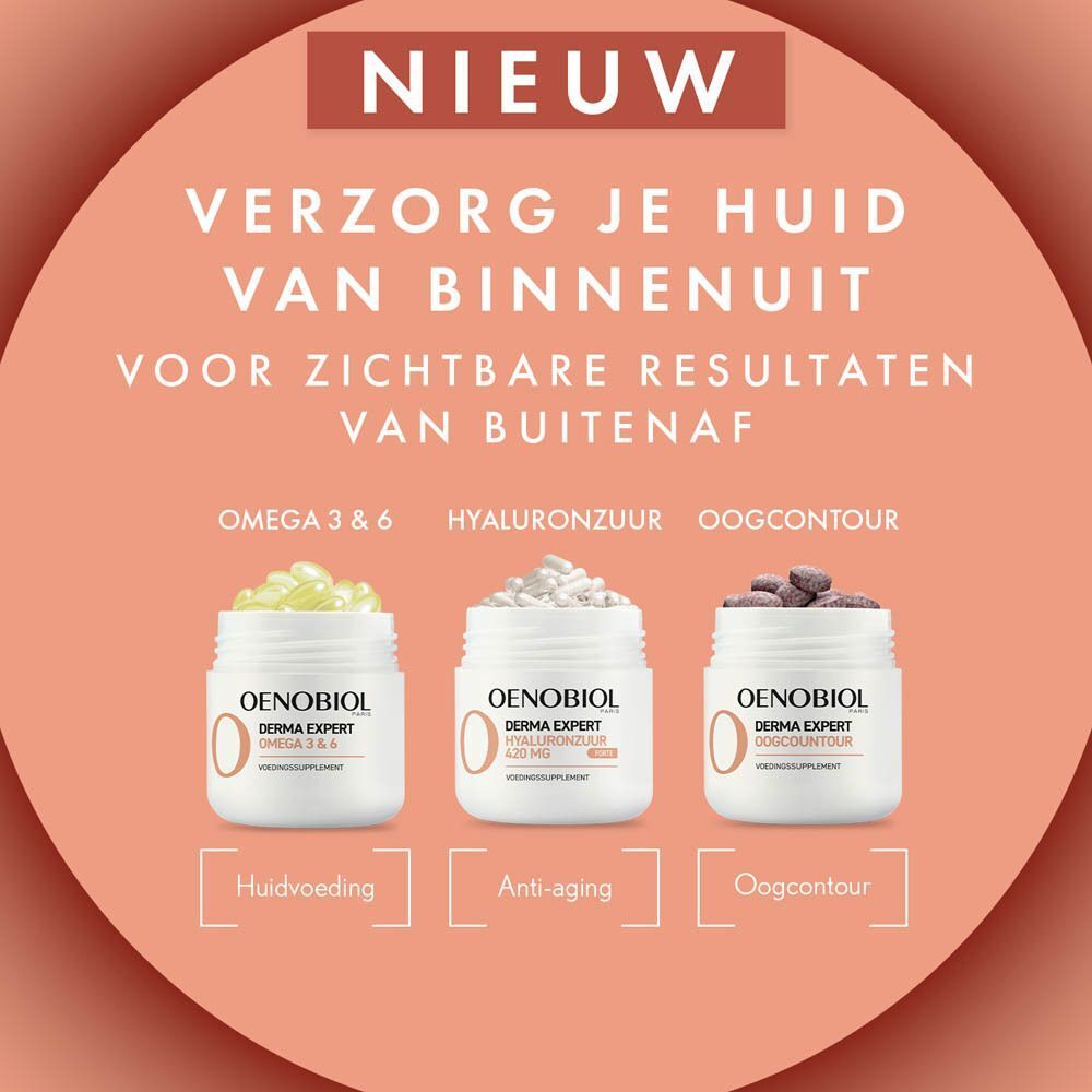 Drie potten Oenobiol Derma Expert. Oméga 3 & 6, Hyaluronzuur, Oogcontour. Oranje tekst.