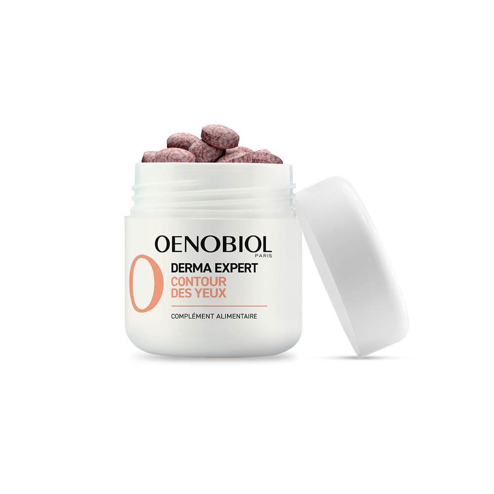 Pot blanc avec comprimés roses. Inscription : Oenobiol Derma Expert Contour des Yeux.