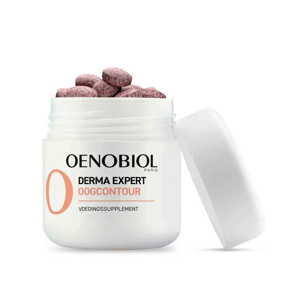 Wit potje met roze tabletten. Opschrift: Oenobiol Derma Expert Oogcontour.