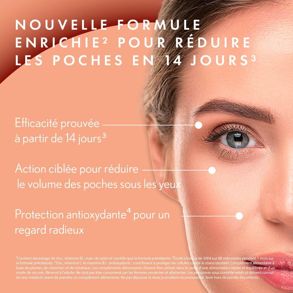 Femme avec contour des yeux. Inscription : Oenobiol Derma Expert Contour des Yeux. Texte : Réduit poches.