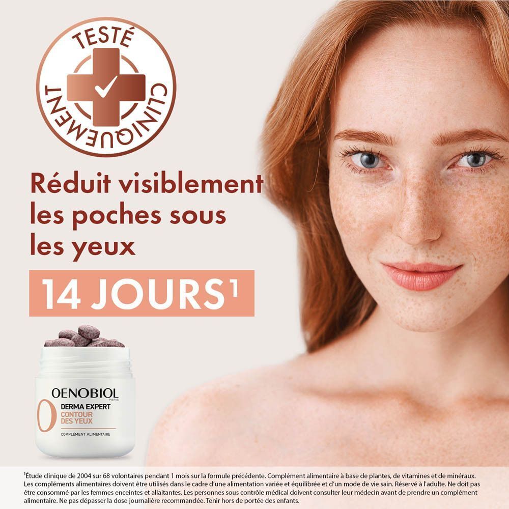 Femme avec produit et texte. Inscription : Oenobiol Derma Expert Contour des Yeux. Réduit poches.