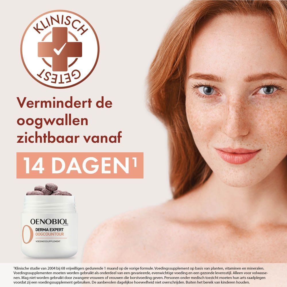 Vrouw met product en tekst. Opschrift: Oenobiol Derma Expert Oogcontour. Vermindert wallen.