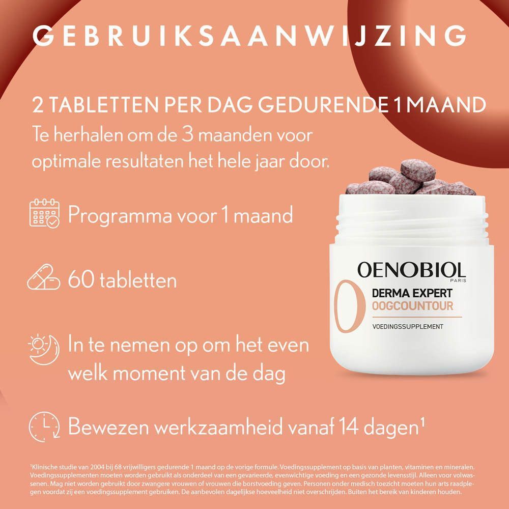 Pot met tabletten en tekst. Opschrift: Oenobiol Derma Expert Oogcontour. 60 tabletten.