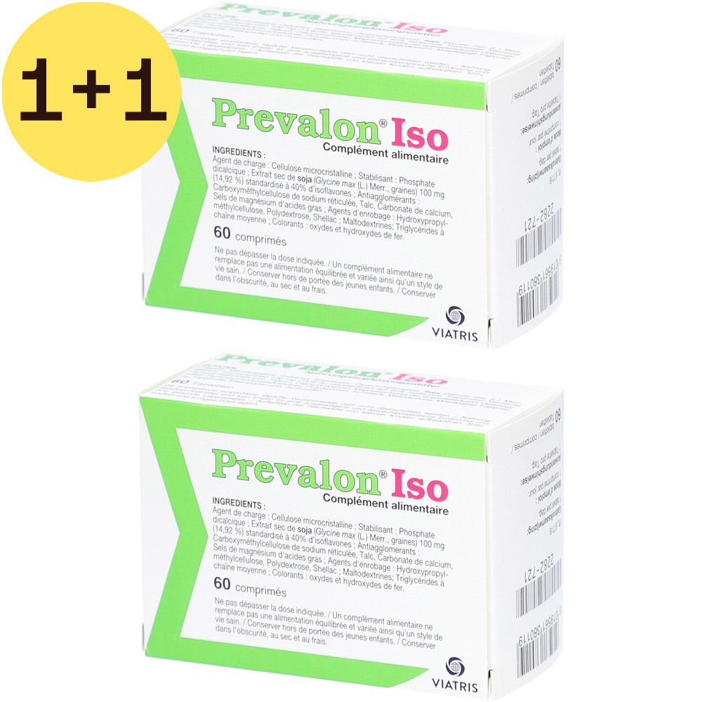 Twee dozen Prevalon Iso, 1+1 gratis. Opschrift: 60 tabletten. Groen-witte verpakking. Merk Viatris.