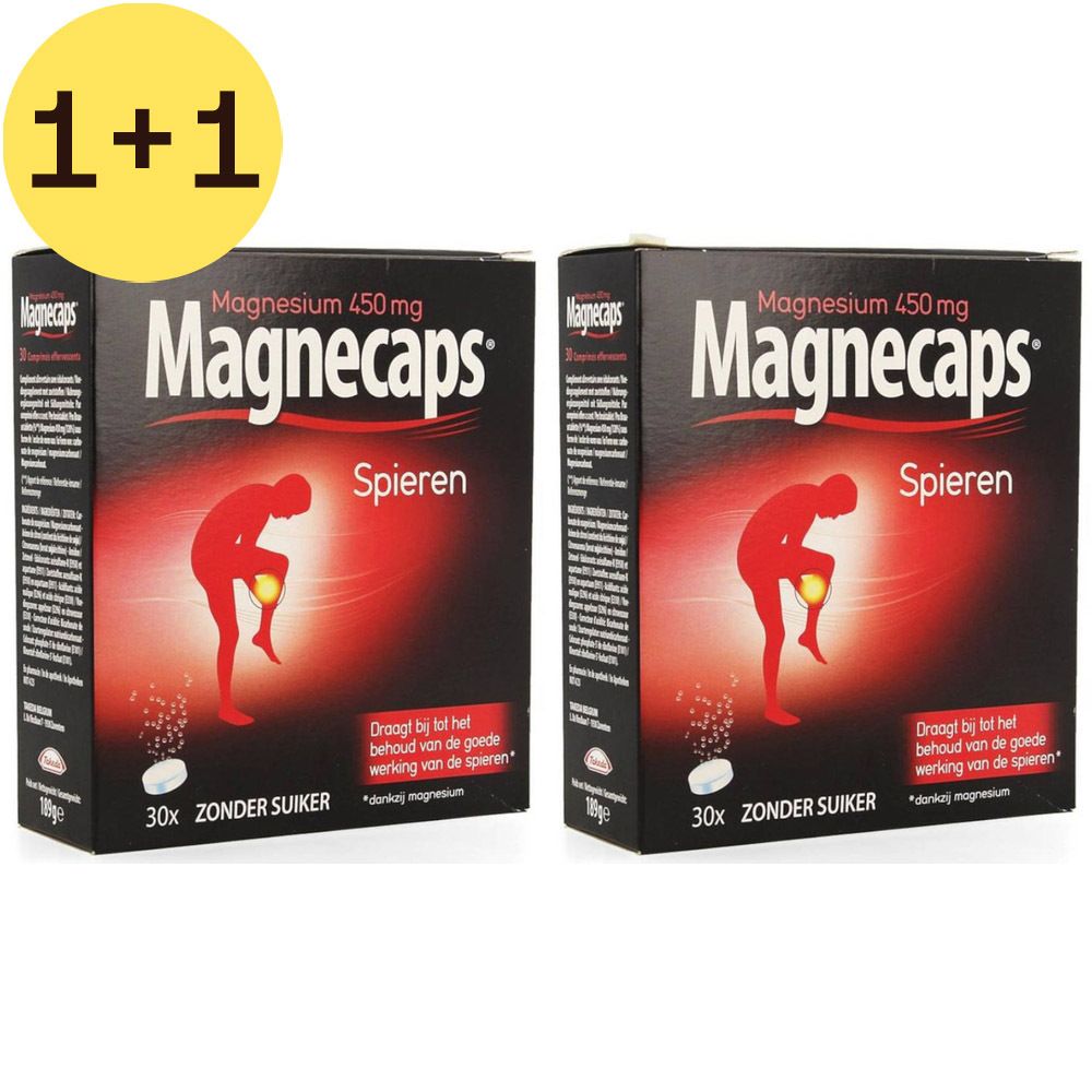 Deux boîtes de Magnecaps, offre 1+1 gratuite. Inscription : Magnesium 450 mg, Spieren. Illustration d'une personne avec douleur à la jambe.