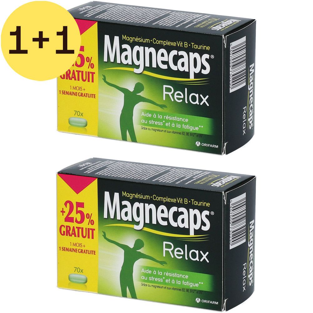 Twee dozen Magnecaps Relax. Eén met "1+1 GRATUIT", de andere met "+25% GRATUIT". Beide dozen bevatten 70 tabletten.