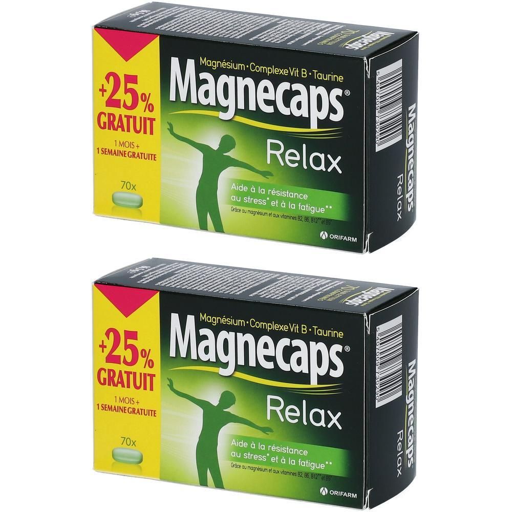 Twee dozen Magnecaps Relax. Zwarte verpakking met groene en gele accenten. Tekst: Magnecaps Relax, +25% gratis.