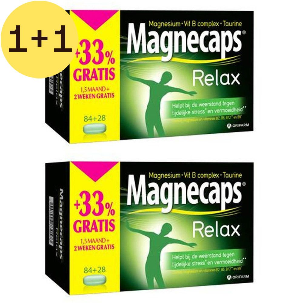 Deux boîtes de "Magnecaps Relax". Un cercle jaune indique "1+1" et "+33% GRATIS". Inscription "84+28".