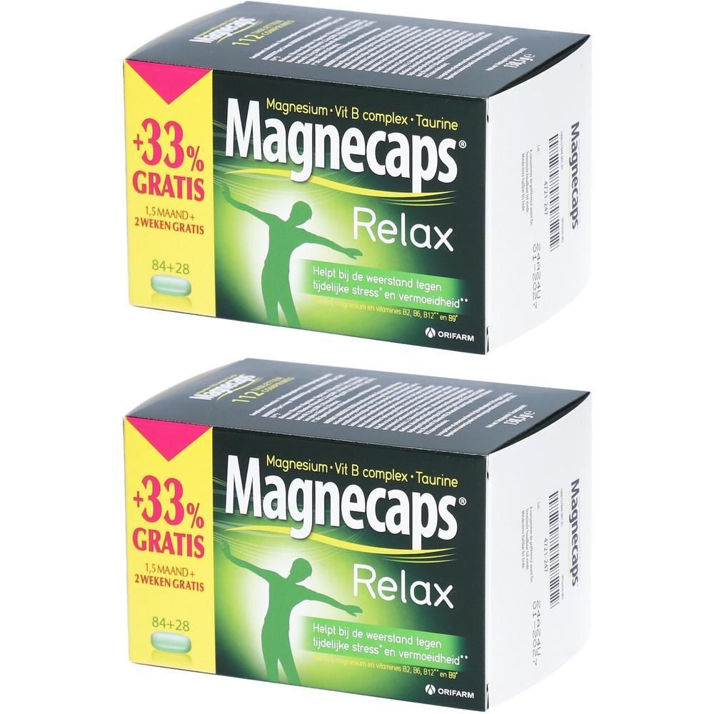Twee verpakkingen Magnecaps Relax met Magnesium-Vit B complex en Taurine.