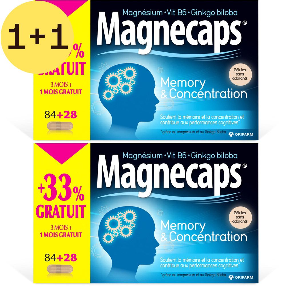 Deux boîtes de Magnecaps Memory & Concentration. Inscription : 1+1 GRATUIT, 84+28 gélules. Contient magnésium, vitamine B6 et Ginkgo biloba.