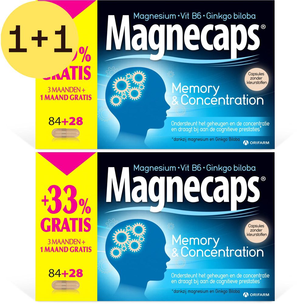 Twee dozen Magnecaps Memory & Concentration. Opschrift: 1+1 GRATIS, 84+28 capsules. Bevat magnesium, vitamine B6 en Ginkgo biloba.