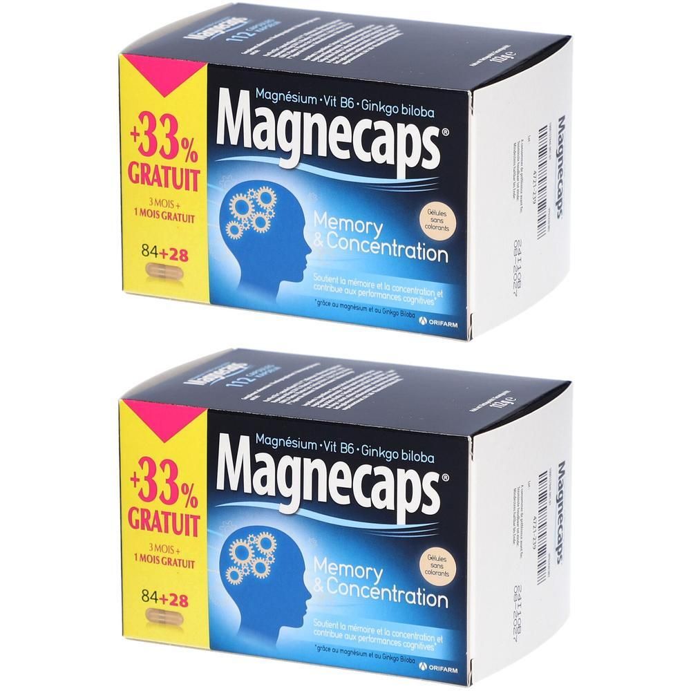 Twee verpakkingen MAGNECAPS® Memory & Concentration met 84+28 capsules.
