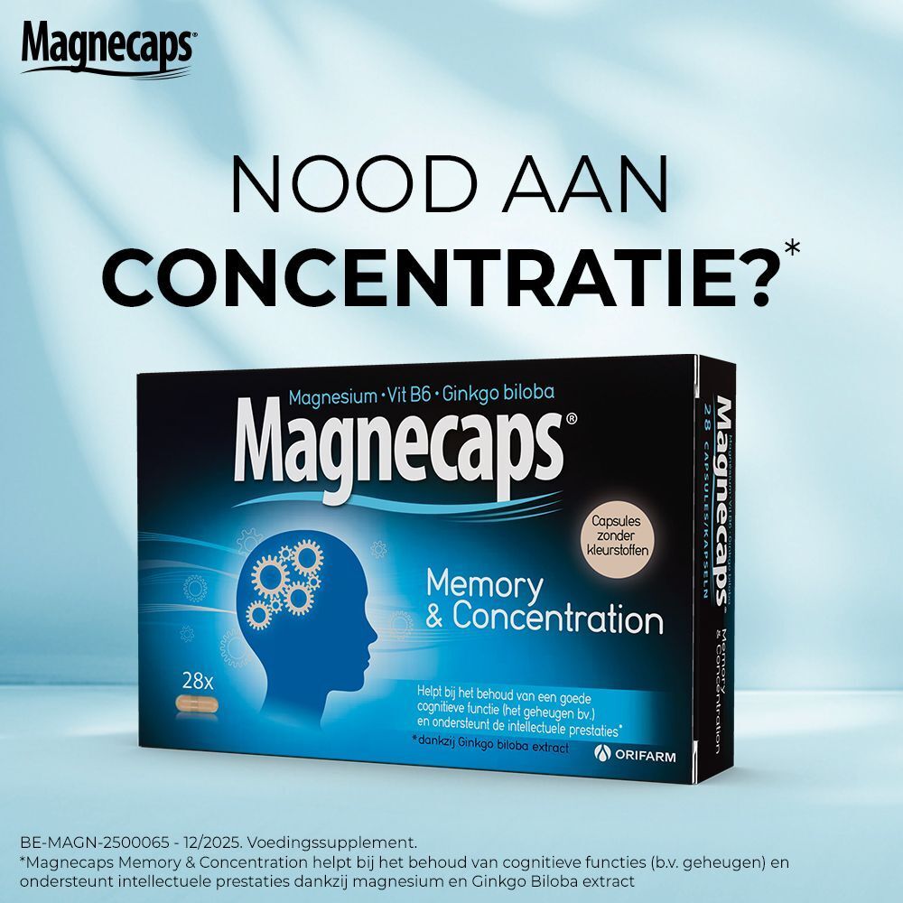 Verpakking MAGNECAPS® Memory & Concentration. Opschrift: NOOD AAN CONCENTRATIE? Bevat magnesium, vitamine B6, ginkgo biloba.