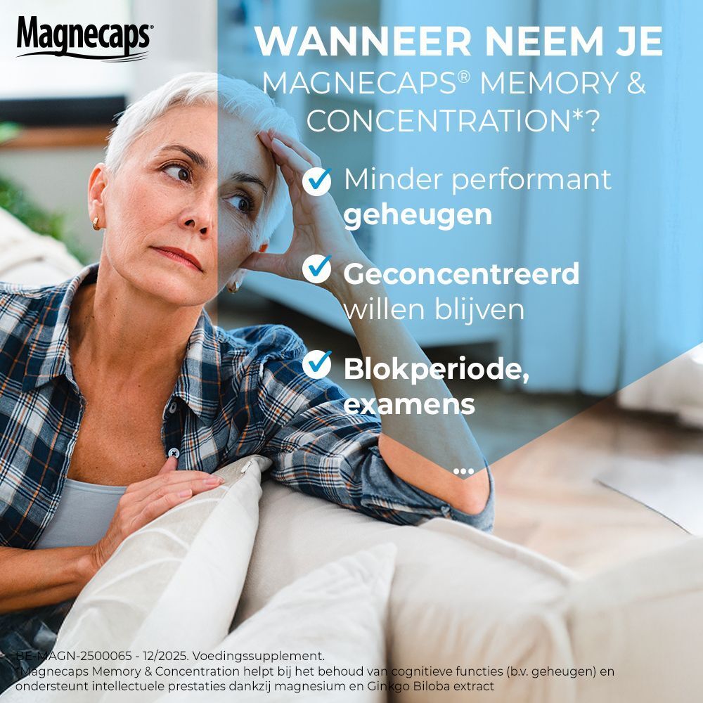 Vrouw met hand op hoofd. Verpakking MAGNECAPS®. Opschrift: WANNEER NEEM JE MAGNECAPS® MEMORY & CONCENTRATION? Bevat magnesium.